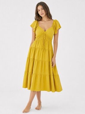 Eloquii Yellow Midi Dress Size 14 L/XL Tiered Boho Flutter Sleeve Rayon Blend